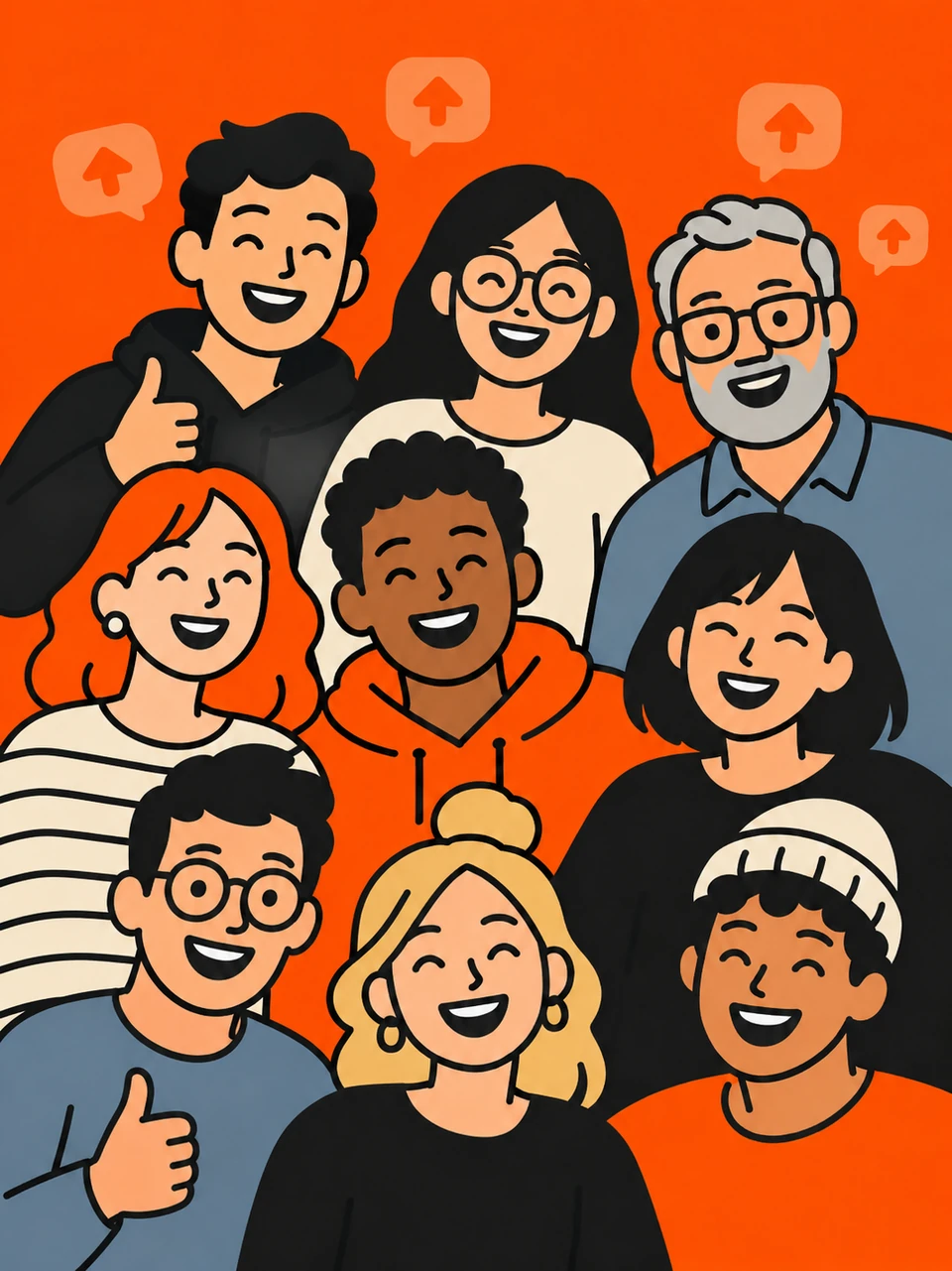 Illustration of a diverse group of people with upvote bubbles above them